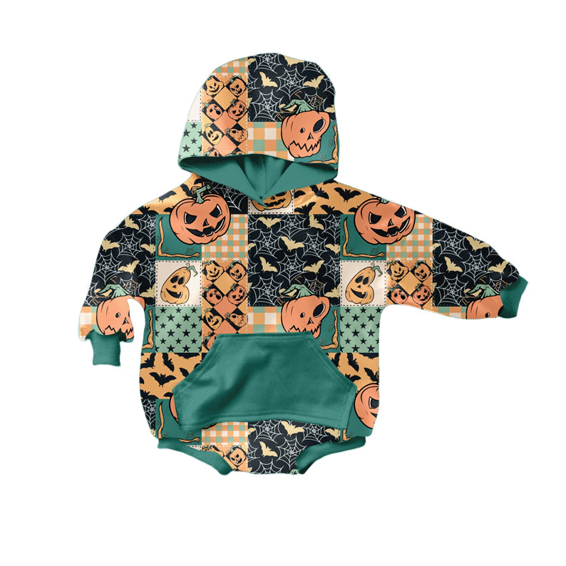Baby Boys Green Long Sleeves Ghost Pumpkins Plaid Pockets Hoodie Rompers Preorder