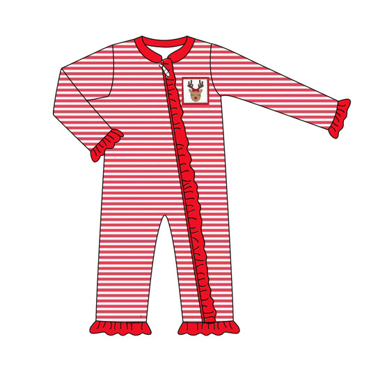 Baby Girls Red Stripe Long Ruffle Sleeves Deer Pocket Zipper Pant Rompers Preorder