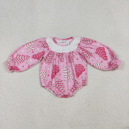 Baby Girls Pink Stripe Trees Stars Christmas Ruffle Sleeve Rompers
