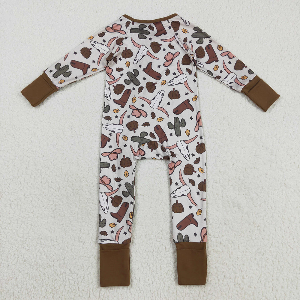 Baby Boys Western Brown Long Sleeves Bull Skull Cactus Zipper Rompers