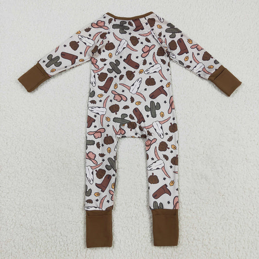 Baby Boys Western Brown Long Sleeves Bull Skull Cactus Zipper Rompers
