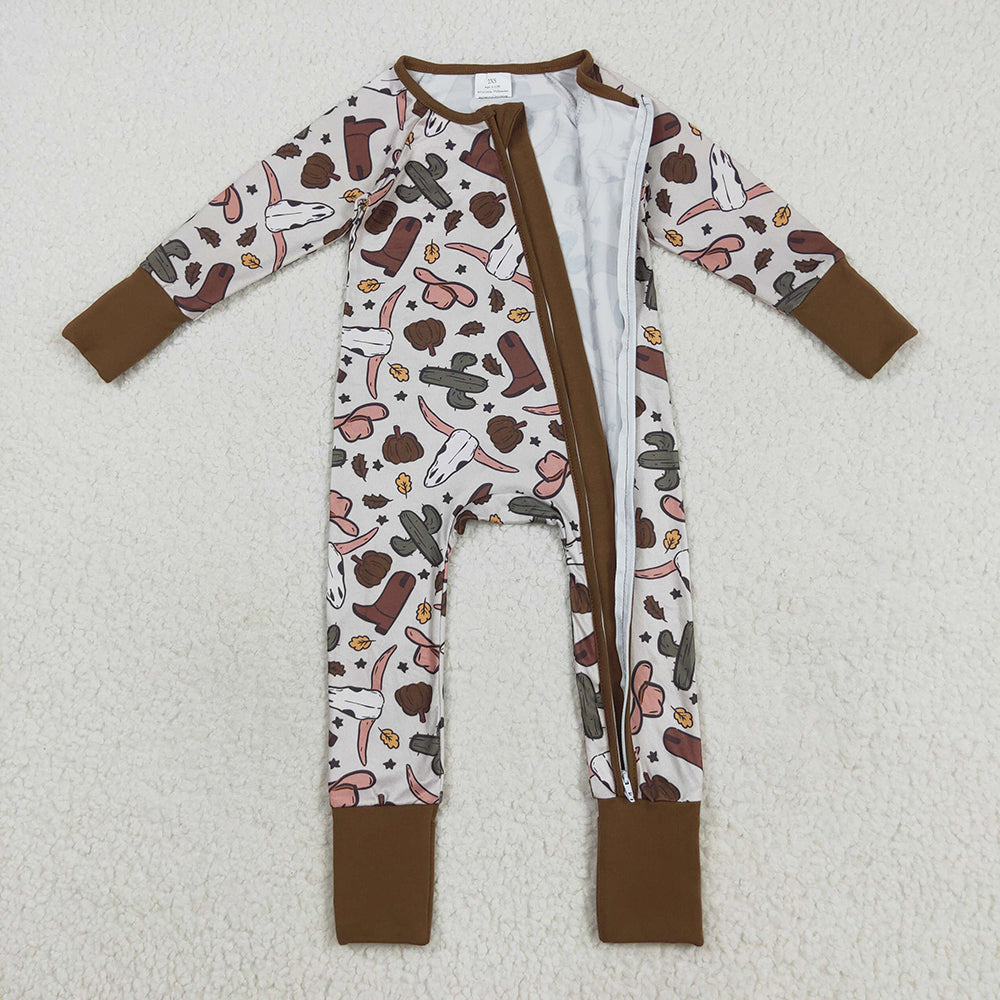 Baby Boys Western Brown Long Sleeves Bull Skull Cactus Zipper Rompers