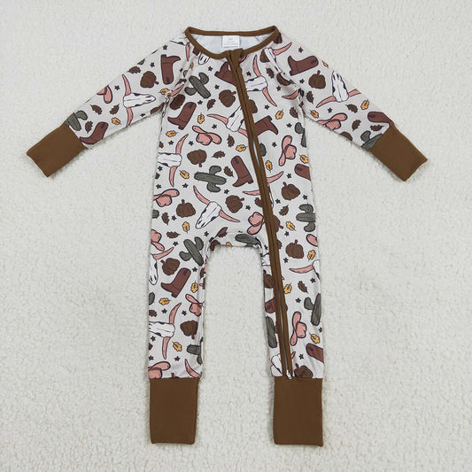Baby Boys Western Brown Long Sleeves Bull Skull Cactus Zipper Rompers