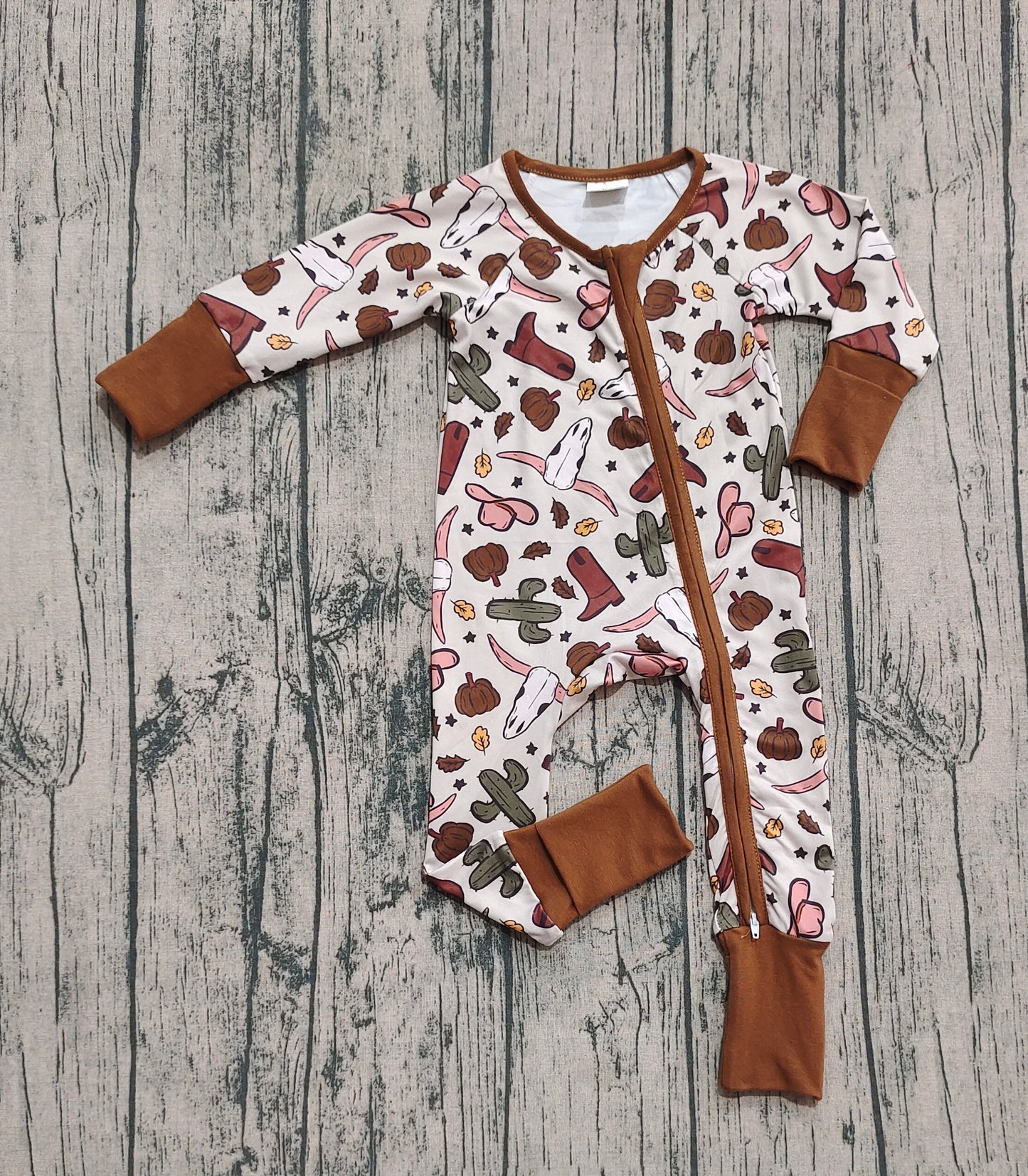 Baby Boys Western Brown Long Sleeves Bull Skull Cactus Zipper Rompers