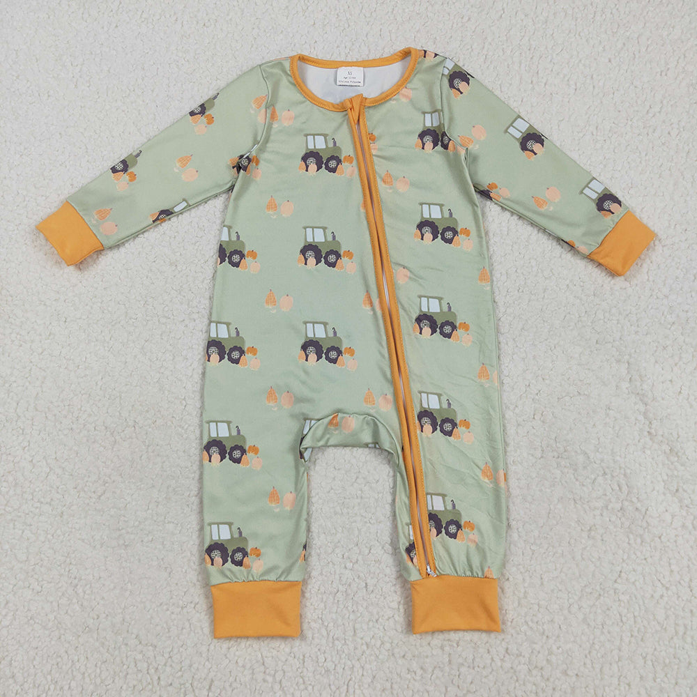 Baby Boys Green Long Sleeves Pumpkins Trucks Zipper Rompers