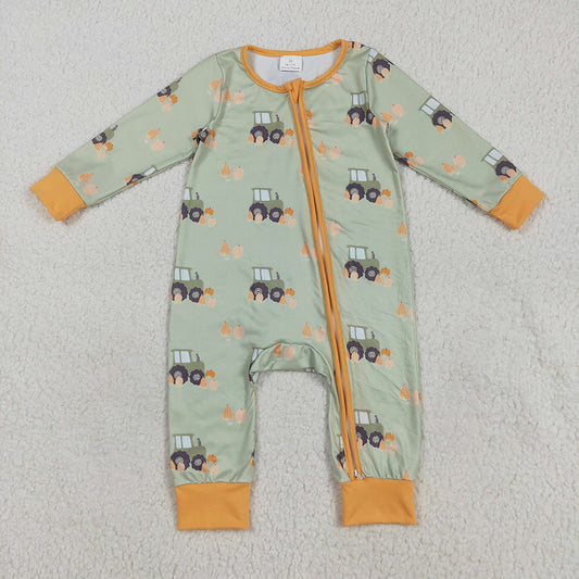 Baby Boys Green Long Sleeves Pumpkins Trucks Zipper Rompers