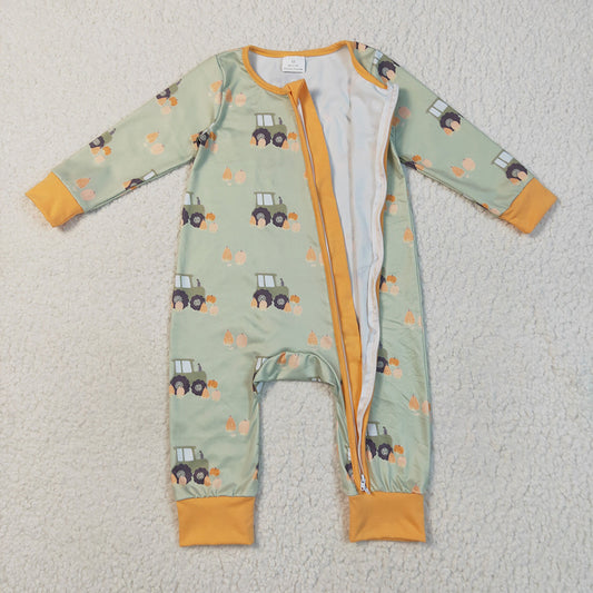 Baby Boys Green Long Sleeves Pumpkins Trucks Zipper Rompers