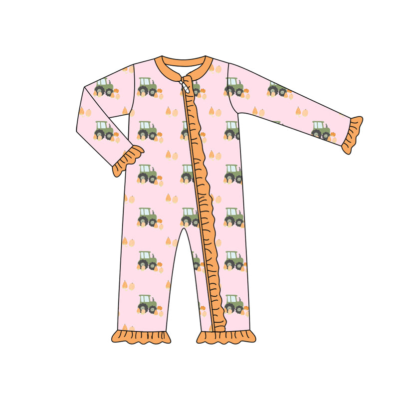 Baby Girls Pink Pumpkins Trucks Fall Ruffle Zipper Footie Rompers