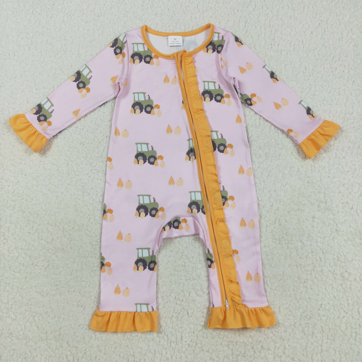Baby Girls Pink Pumpkins Trucks Fall Ruffle Zipper Footie Rompers