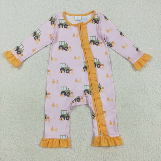 Baby Girls Pink Pumpkins Trucks Fall Ruffle Zipper Footie Rompers
