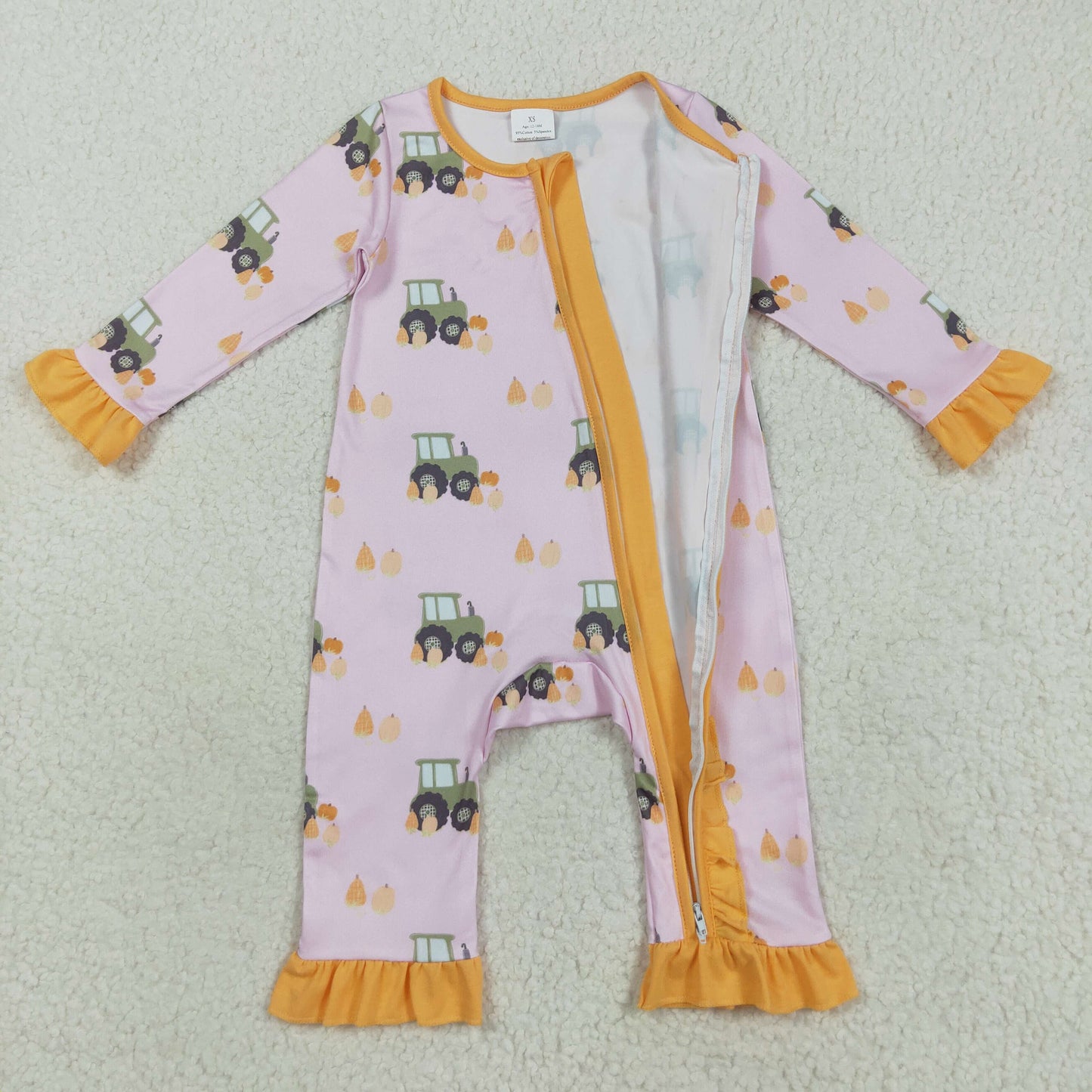 Baby Girls Pink Pumpkins Trucks Fall Ruffle Zipper Footie Rompers