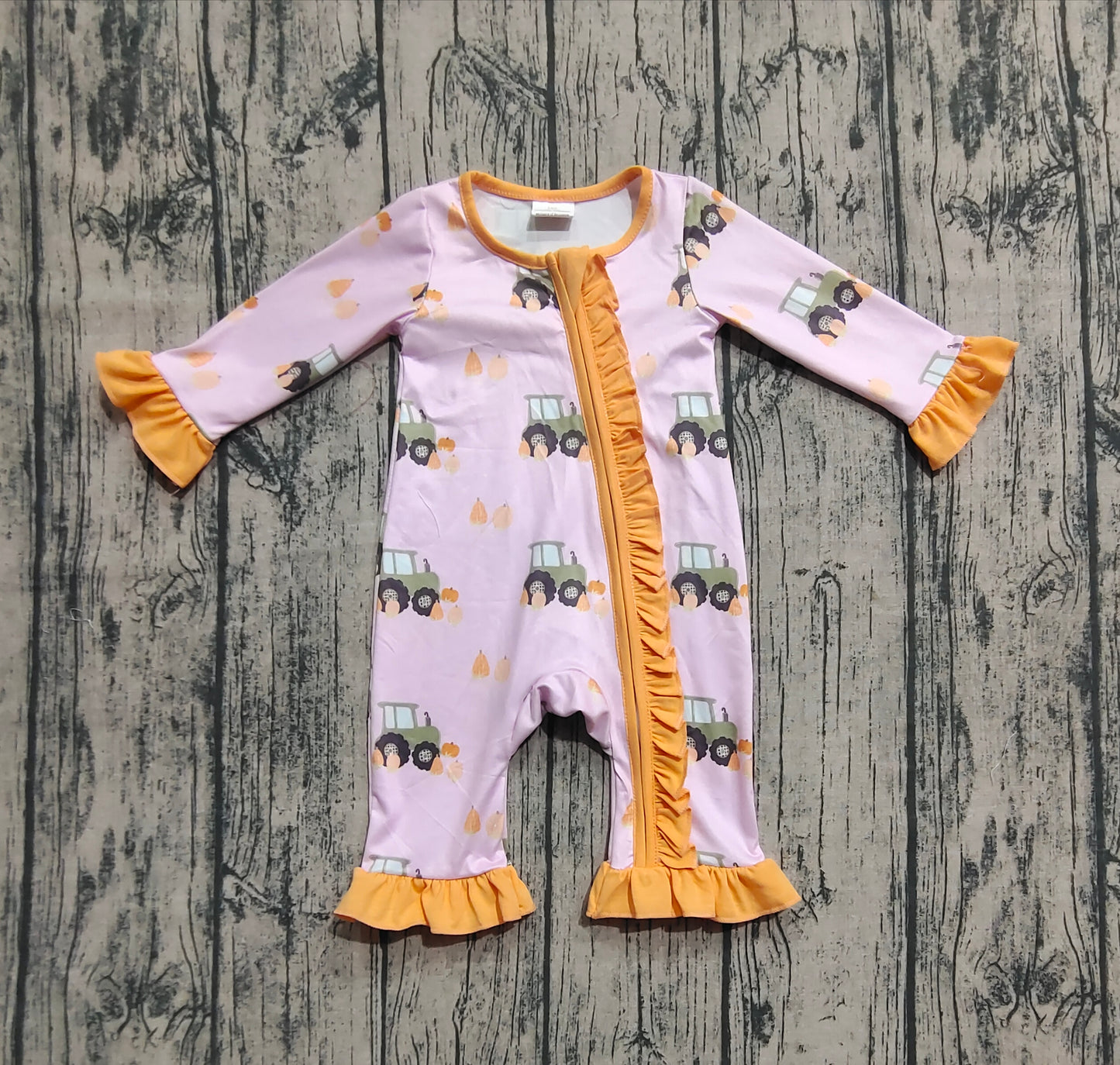 Baby Girls Pink Pumpkins Trucks Fall Ruffle Zipper Footie Rompers