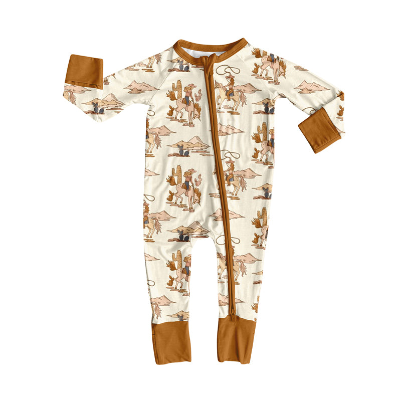 Baby Girls Khaki Long Sleeves Horse Rodeos Zipper Rompers Preorder