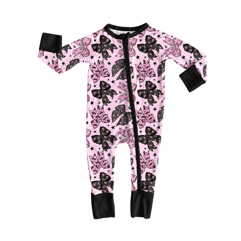 Baby Girls Pink Black Long Sleeves Bows Stars Zipper Rompers Preorder