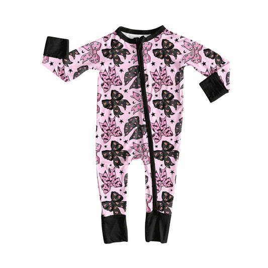 Baby Girls Pink Black Long Sleeves Bows Stars Zipper Rompers Preorder
