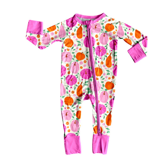 Baby Girls Pink Long Sleeves Flower Pumpkins Zipper Rompers Preorder