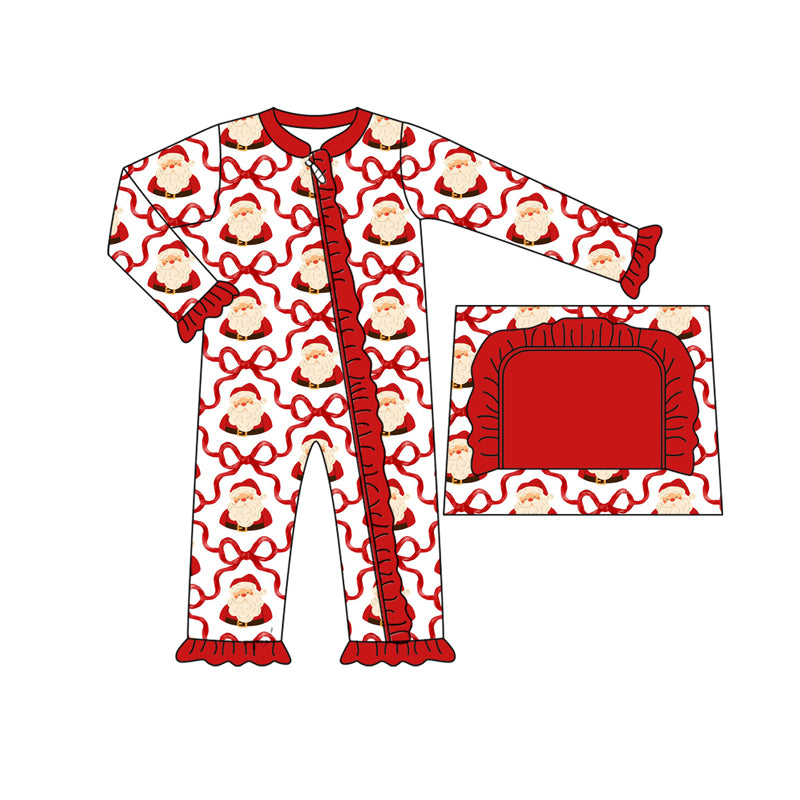 Baby Girls Long Sleeves Red Bows Santa Plaid Zipper Pant Rompers Preorder