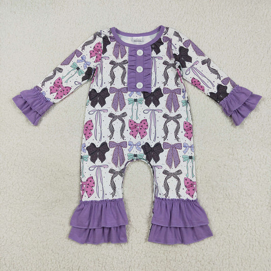 Baby Girls Long Ruffle Sleeves Purple Bows Button Pant Rompers