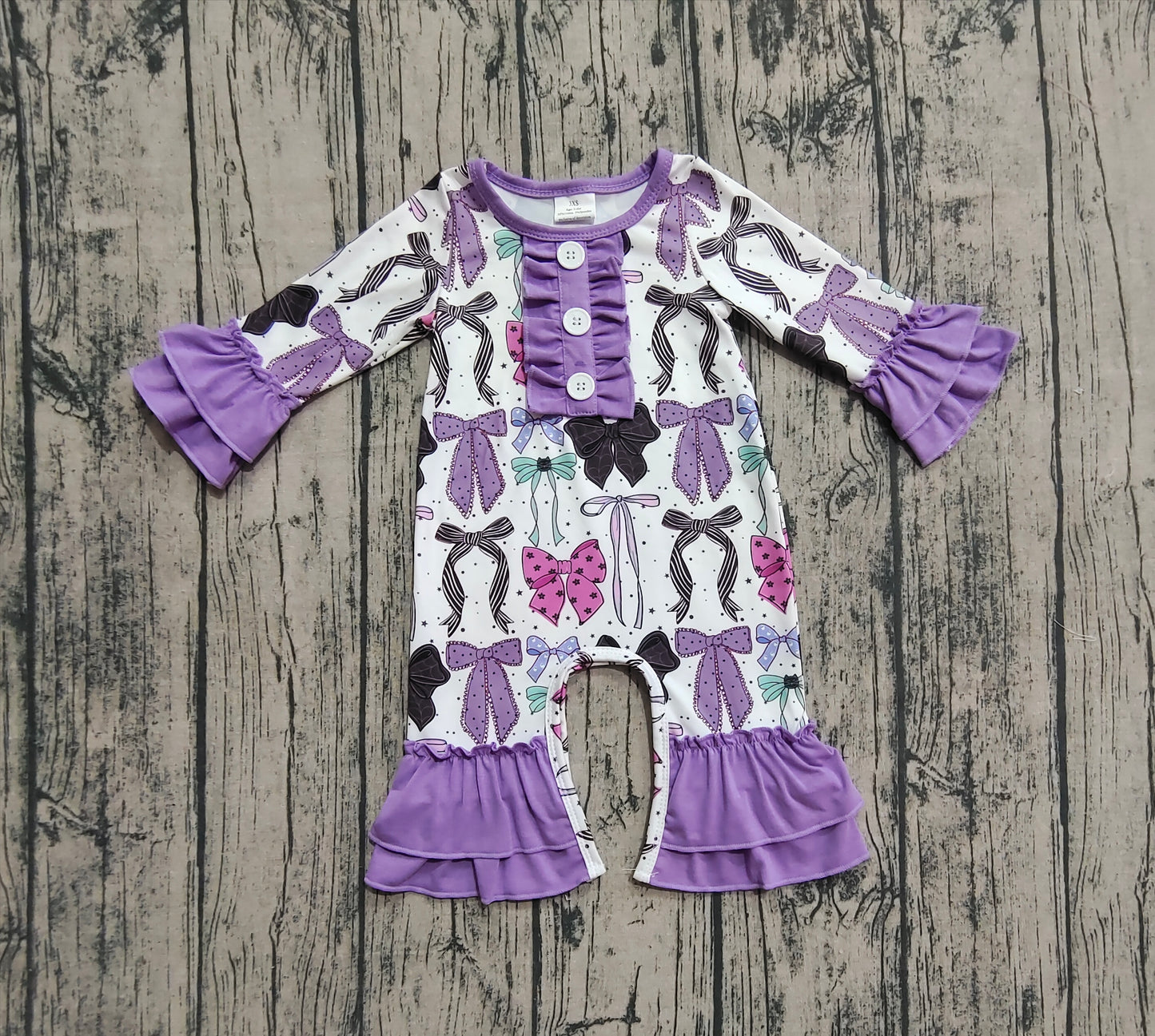 Baby Girls Long Ruffle Sleeves Purple Bows Button Pant Rompers