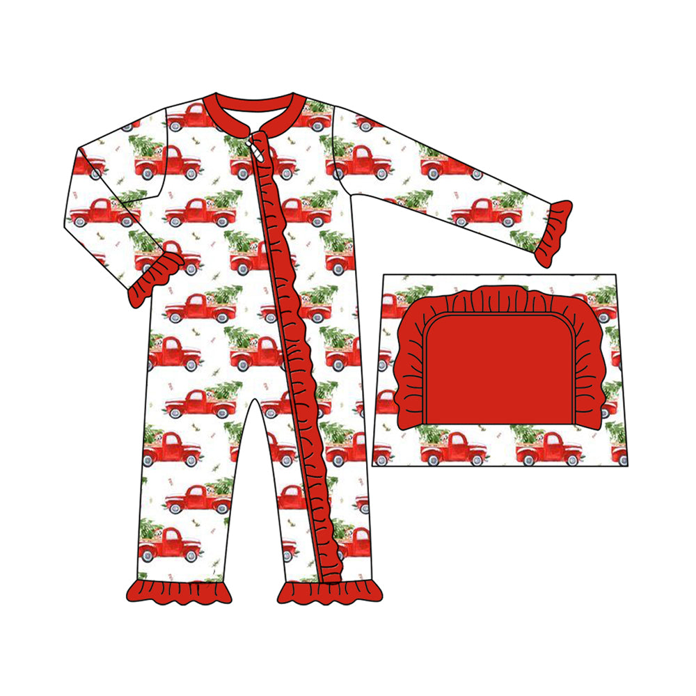 Baby Girls Long Ruffle Sleeves Car Trees Zipper Pant Rompers Preorder