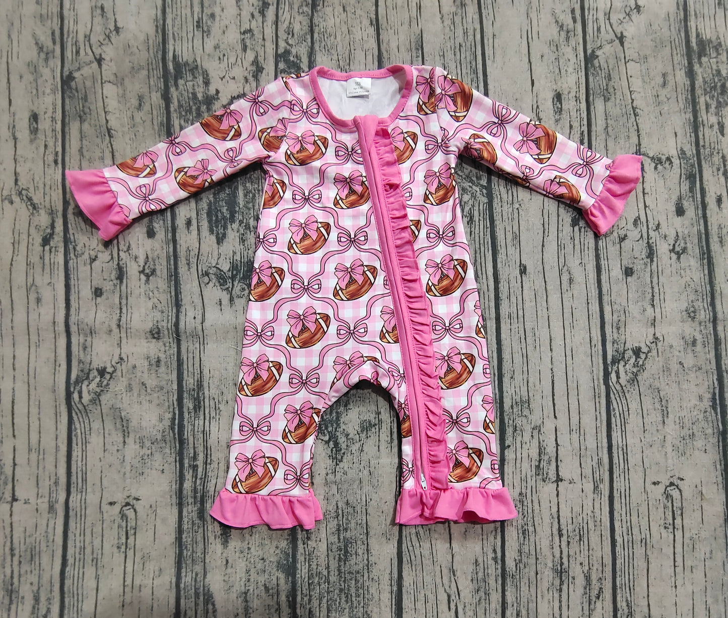 Baby Girls Pink Bows Footballs Ruffle Zipper Footie Rompers