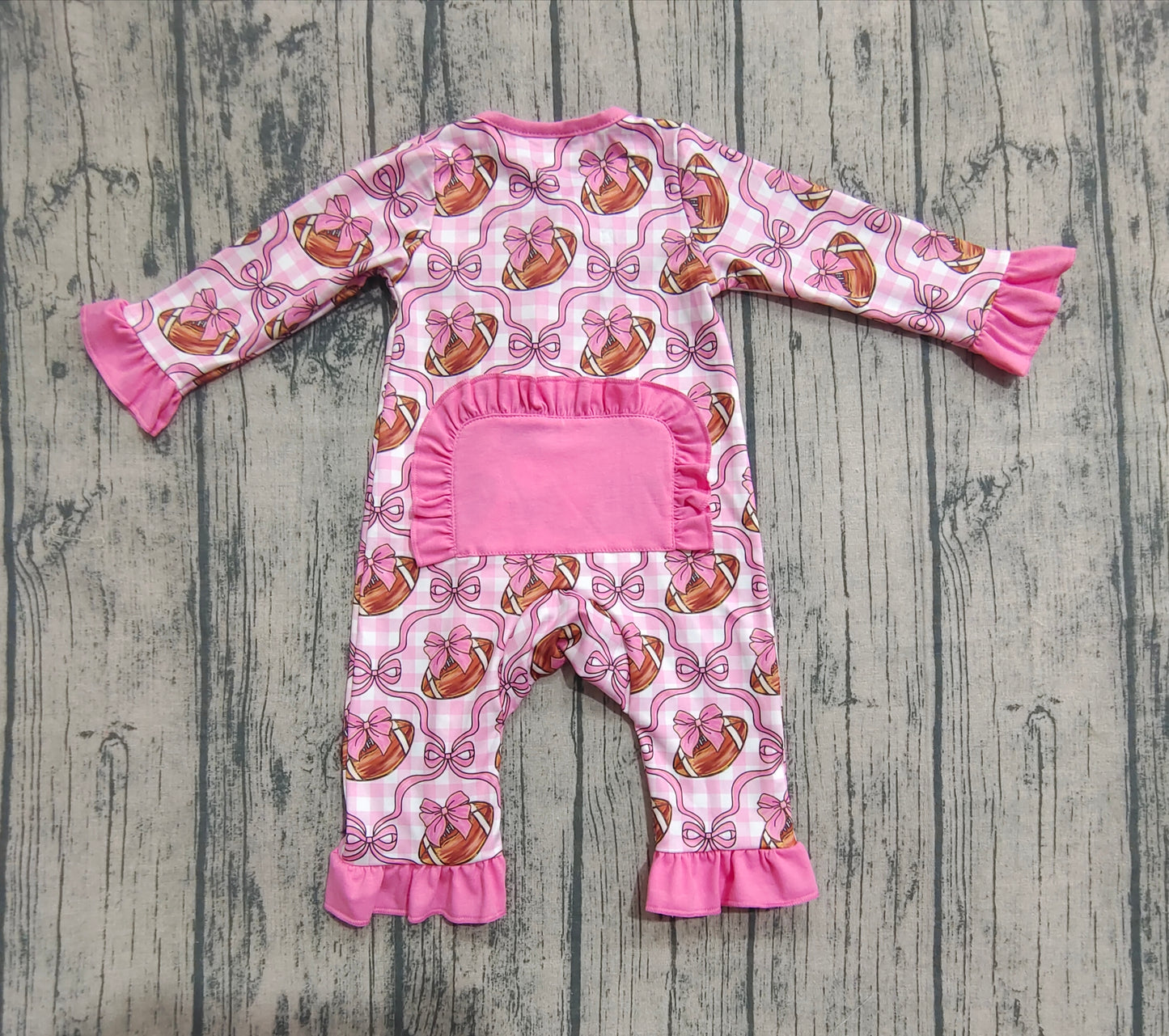 Baby Girls Pink Bows Footballs Ruffle Zipper Footie Rompers