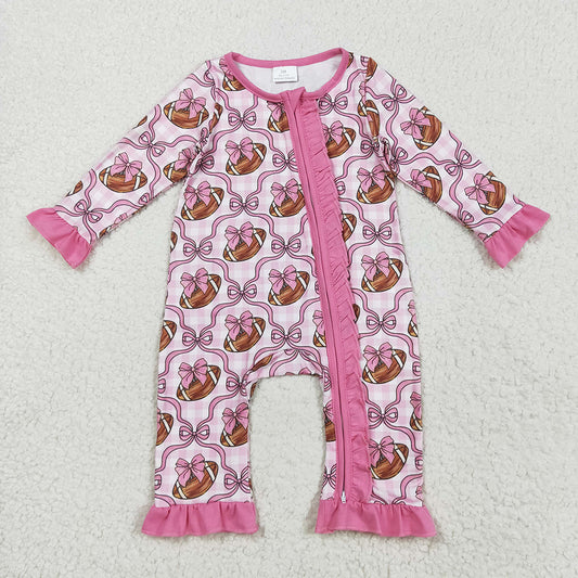 Baby Girls Pink Bows Footballs Ruffle Zipper Footie Rompers