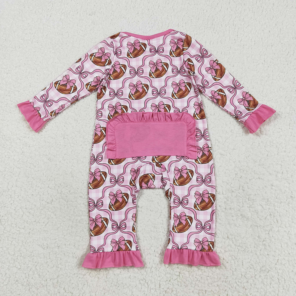 Baby Girls Pink Bows Footballs Ruffle Zipper Footie Rompers