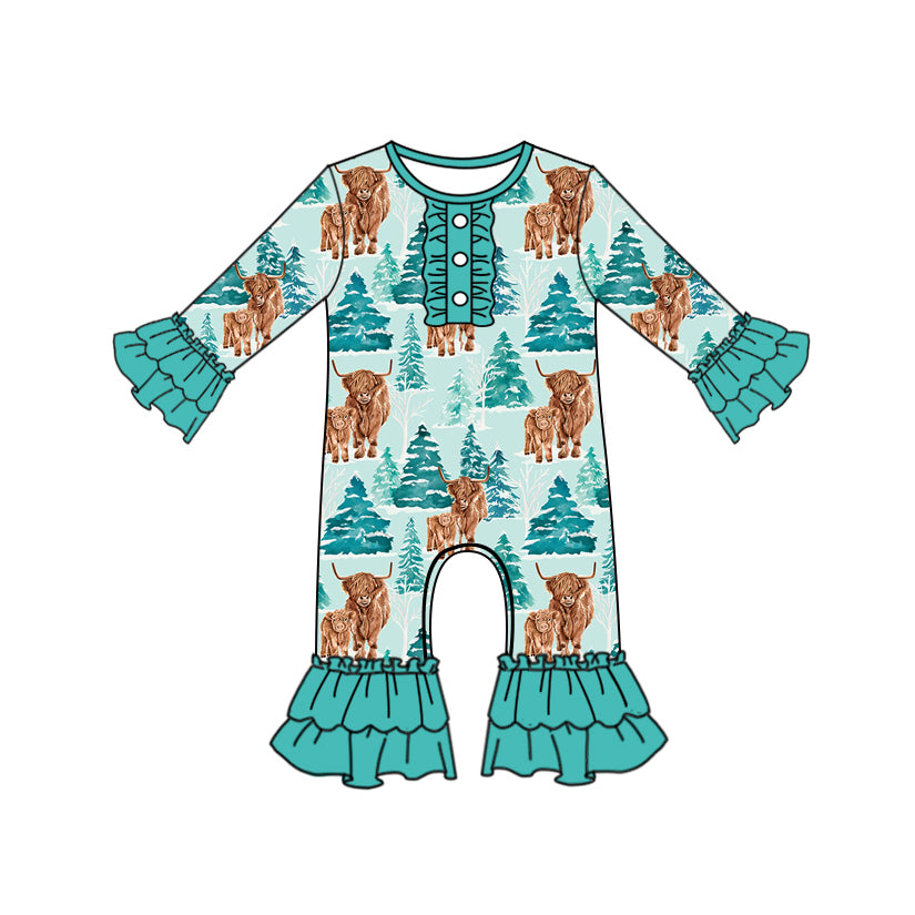 Baby Girls Long Ruffle Sleeves Button Highland Cows Trees Pant Rompers Preorder
