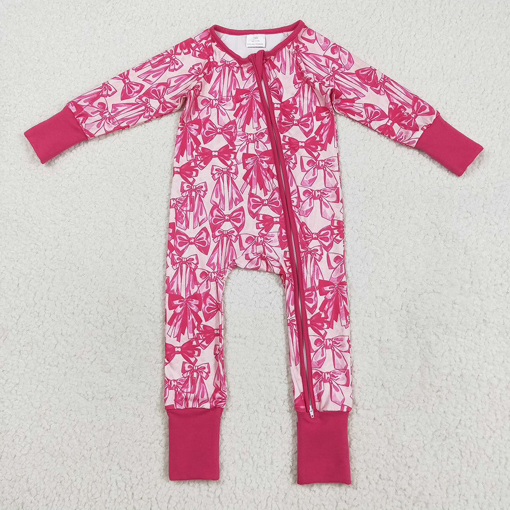 Sibling Baby Girls Hot Pink Bows Plaid Pajams Sets Zipper Footie Rompers