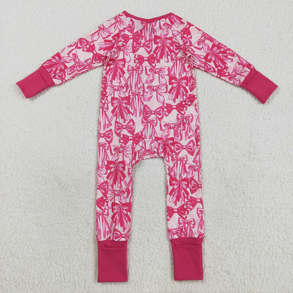 Baby Girls Long Sleeves Pink Bows Zipper Footie Rompers