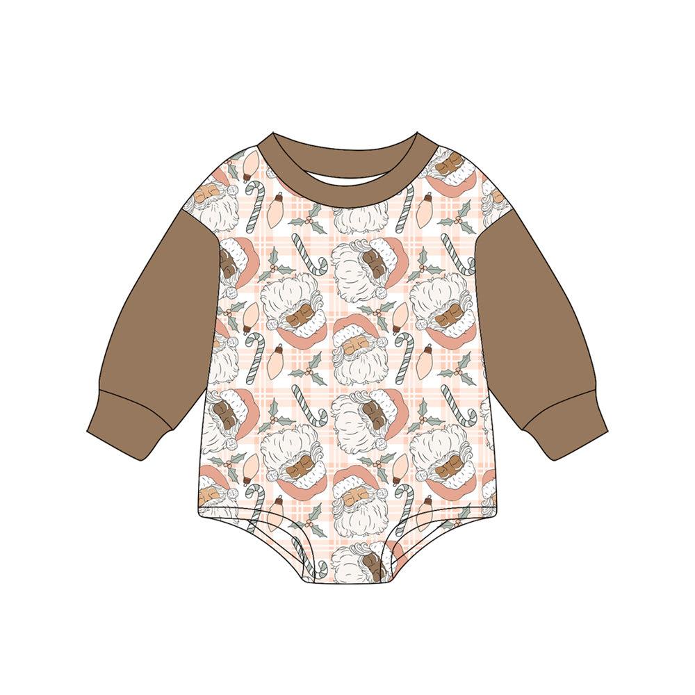 Baby Girls Brown Long Sleeves Santa Gingerbread Plaid Rompers Preorder