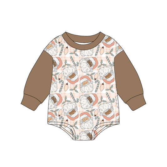 Baby Girls Brown Long Sleeves Santa Gingerbread Plaid Rompers Preorder