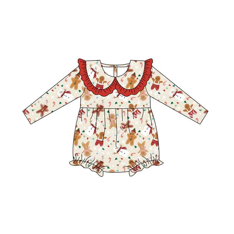 Baby Girls Long Sleeves Gingerbread Snowman Ruffle Rompers Preorder