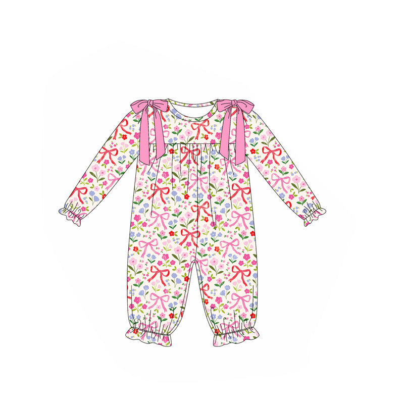 Baby Girls Long Ruffle Sleeves Pink Bows Floral Pant Rompers Preorder