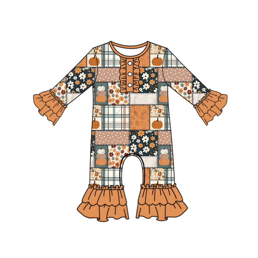 Baby Girls Long Ruffle Sleeves Pumpkins Floral Pant Rompers Preorder