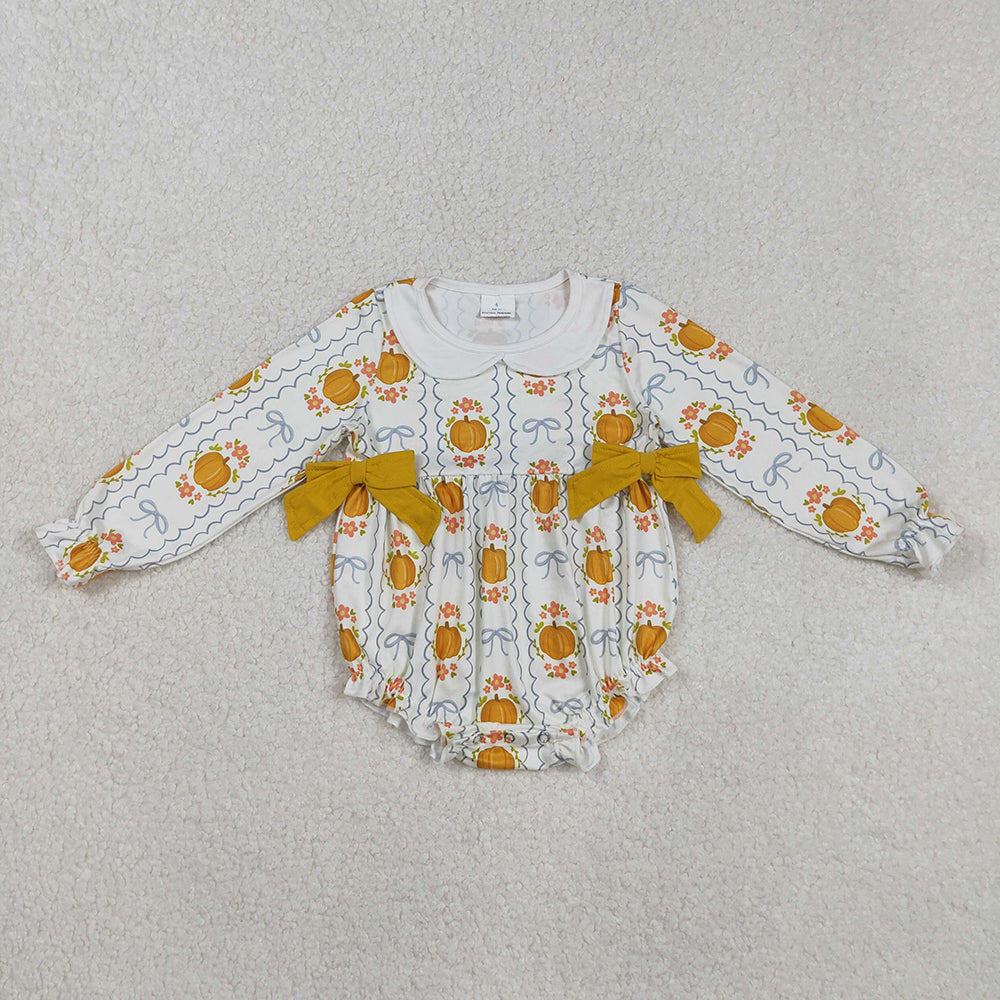 Baby Girls Fall Long Sleeves Pumpkins Bows Rompers