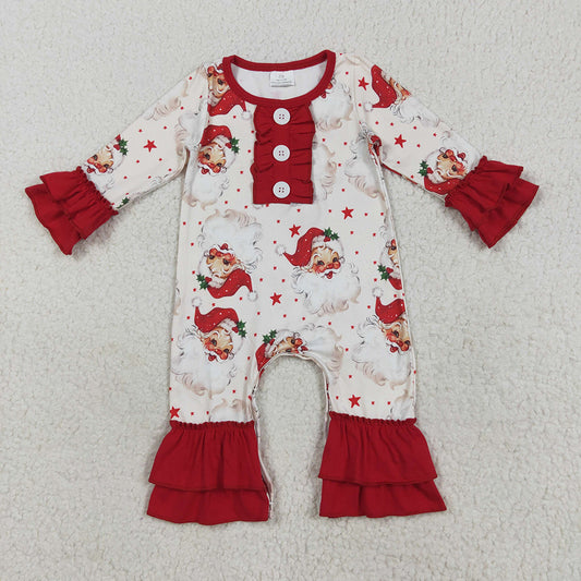 Baby Girls Christmas Long Sleeves Santa Stars Button Ruffle Rompers