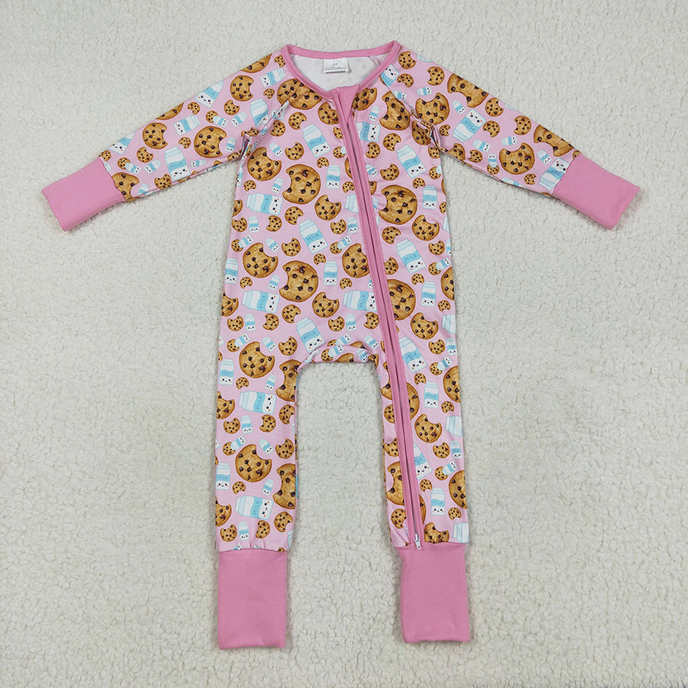 Baby Girls Pink Christmas Milk Cookies Zipper Footie Rompers