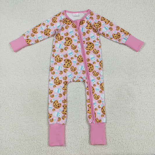 Baby Girls Pink Christmas Milk Cookies Zipper Footie Rompers