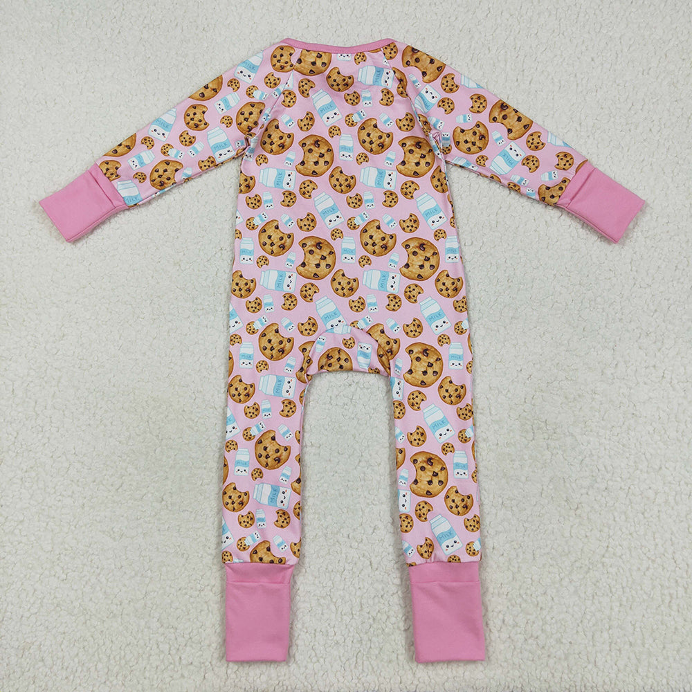 Baby Girls Pink Christmas Milk Cookies Zipper Footie Rompers