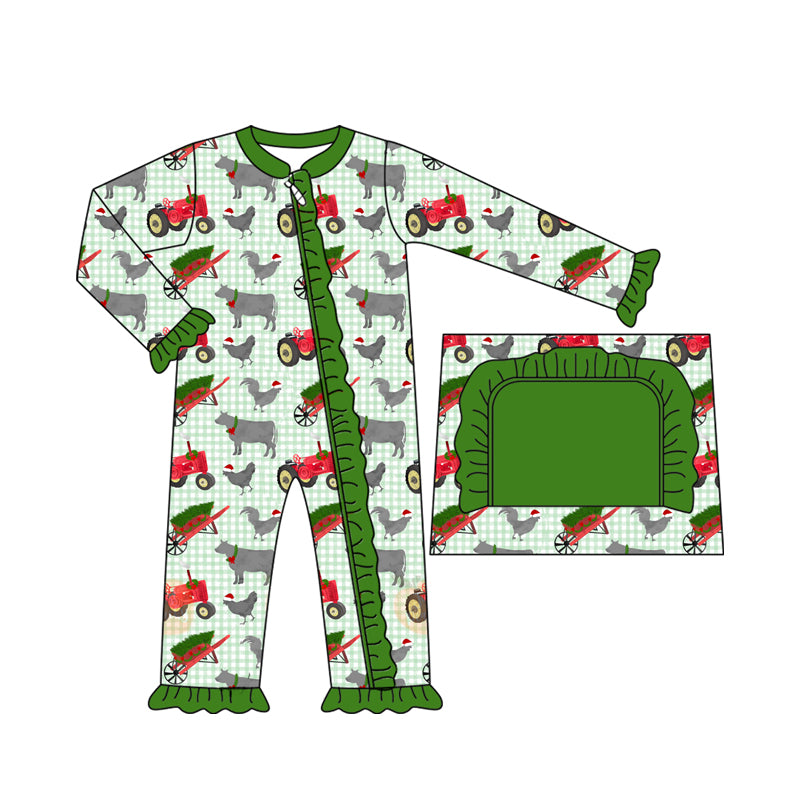 Baby Girls Green Plaid Christmas Hats Farm Ruffle Zipper Pant Rompers Preorder