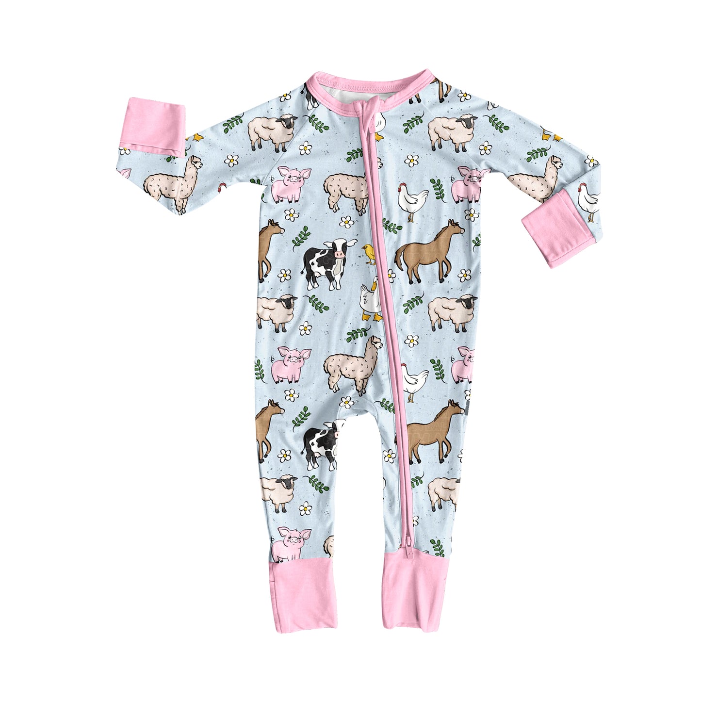 Baby Girls Long Sleeves Horses Chicks Farm Zipper Pant Rompers Preorder