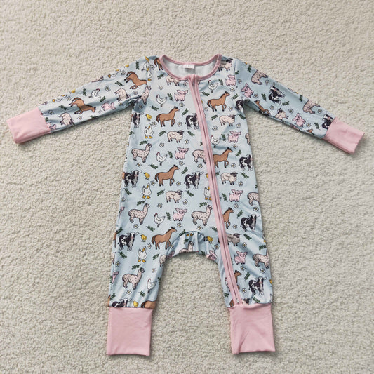 Baby Girls Long Sleeves Horses Chicks Farm Two Way Zip Convertible Rompers