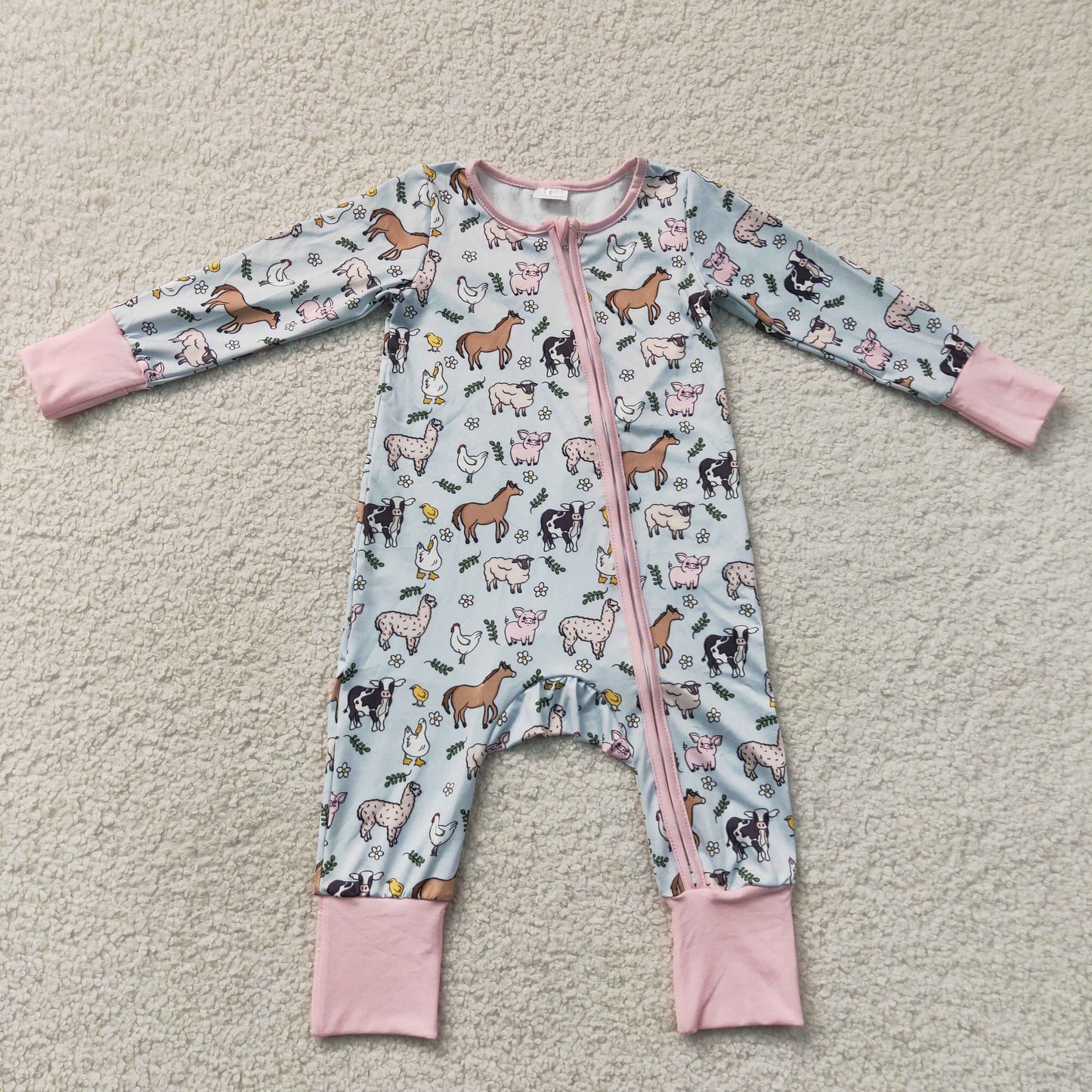 Sibling Baby Girls Long Sleeves Pigs Cows Top Pant Farm Clothes Set Zip Rompers