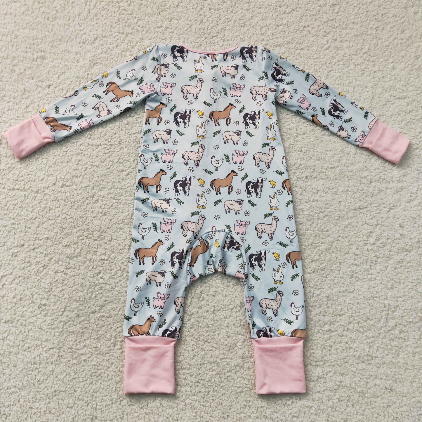 Baby Girls Long Sleeves Horses Chicks Farm Two Way Zip Convertible Rompers