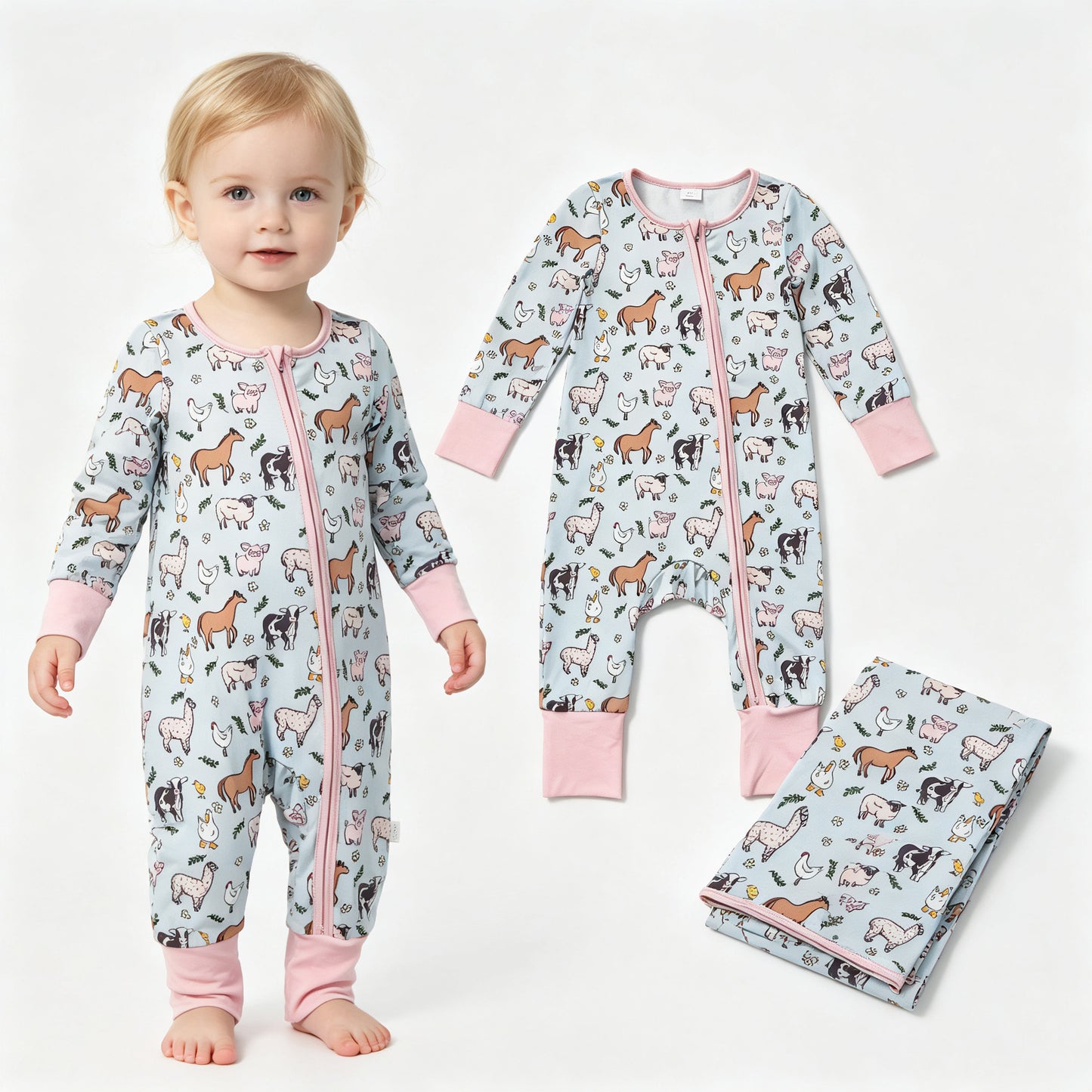 Baby Girls Long Sleeves Horses Chicks Farm Two Way Zip Convertible Rompers
