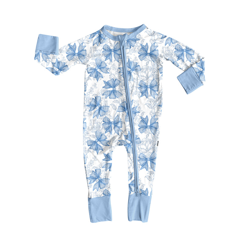 Baby Girls Long Sleeves Blue Bows Flowers Zipper Pant Rompers Preorder