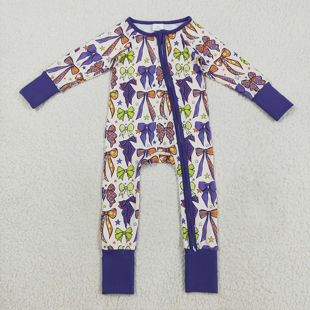 Baby Girls Long Sleeves Purple Bows Zipper Footie Rompers