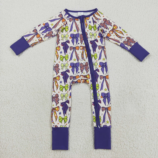Baby Girls Long Sleeves Purple Bows Zipper Footie Rompers